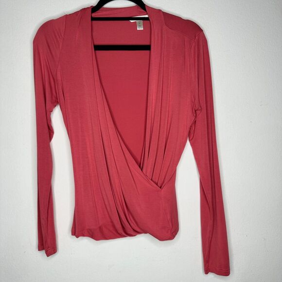 Banana Republic Dark Coral Long Sleeve Deep Draped VNeck Faux Wrap Top S - Picture 10 of 10
